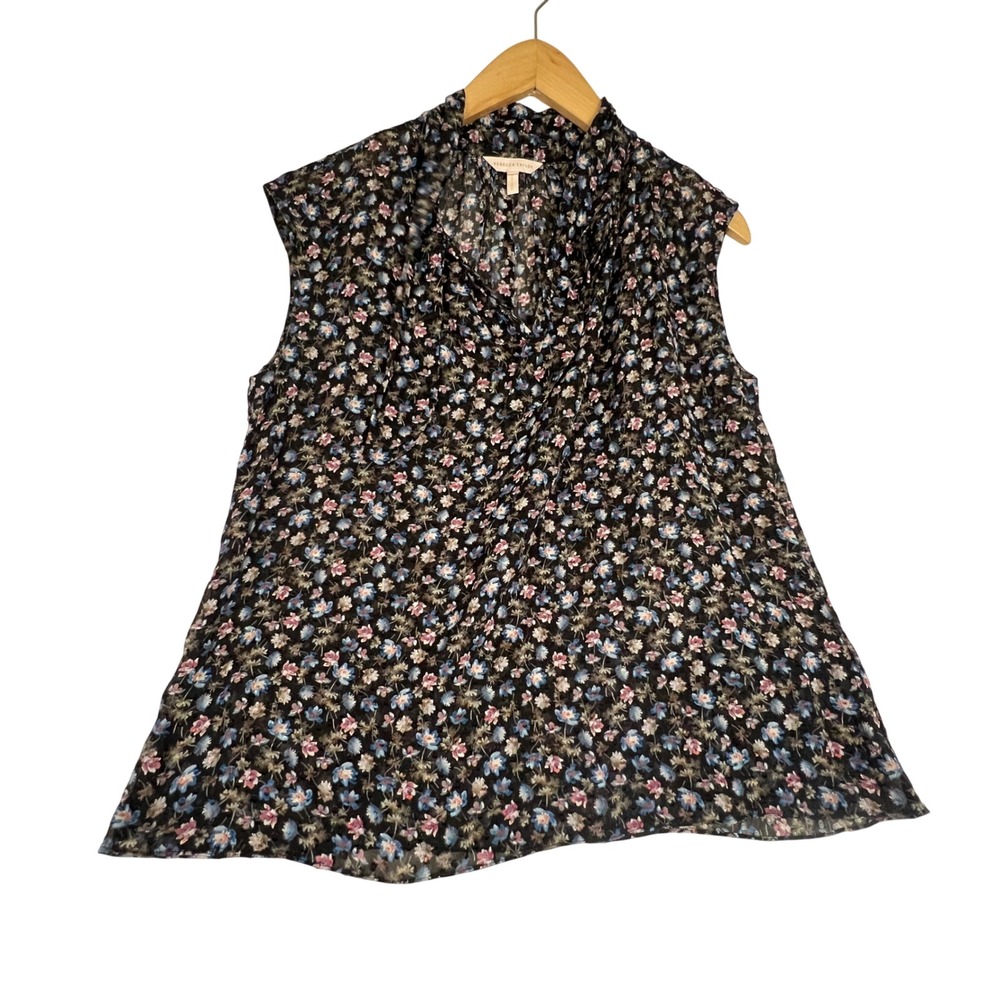 Rebecca Taylor Silk Blend Floral Clip Dot Sleeveless Ruffle Blouse Black Size 4